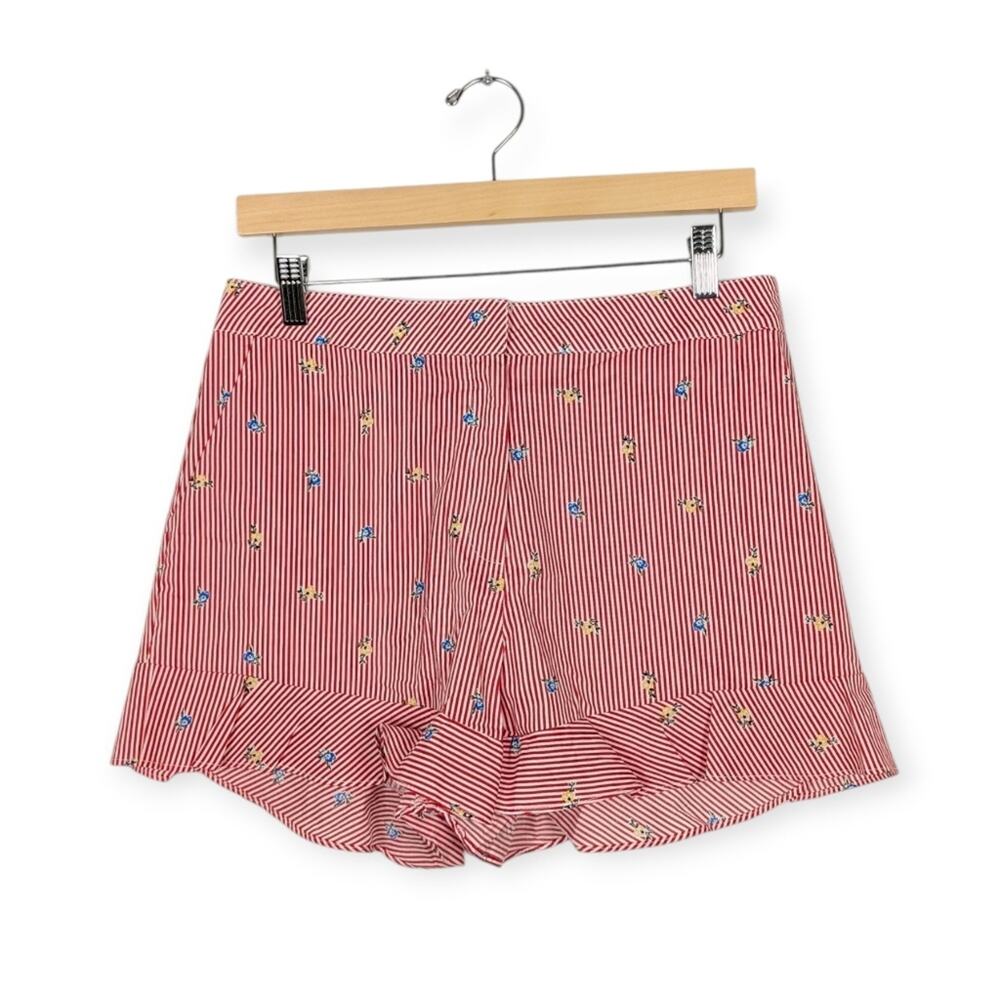 JOA Shorts M Red White Stripe Floral Ruffle Hem High Rise Summer NWT